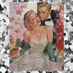 Vintage Wedding, Retro Bride and Groom Newlyweds Jigsaw Puzzle