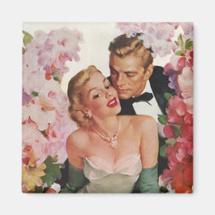 Vintage Wedding, Retro Bride and Groom Newlyweds Magnet