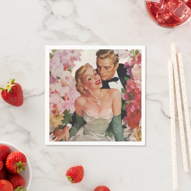 Vintage Wedding, Retro Bride and Groom Newlyweds Napkin (Insitu)