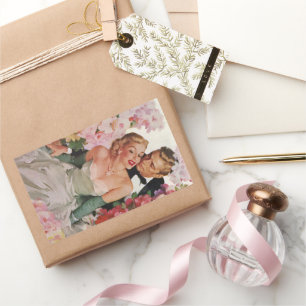 Vintage Wedding, Retro Bride and Groom Newlyweds Rectangular Sticker