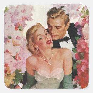 Vintage Wedding, Retro Bride and Groom Newlyweds Square Sticker