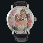 Vintage Wedding, Retro Bride and Groom Newlyweds Watch<br><div class="desc">Vintage illustration love and romance design featuring a bride in her wedding gown and the groom in his tuxedo. The happy newlywed couple is surrounded by beautiful pink and white floral garden flowers.</div>