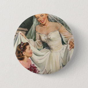 Vintage Wedding, Retro Bride with Flower Girl 6 Cm Round Badge