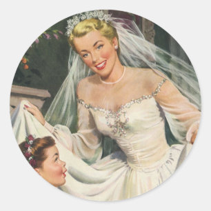 Vintage Wedding, Retro Bride with Flower Girl Classic Round Sticker