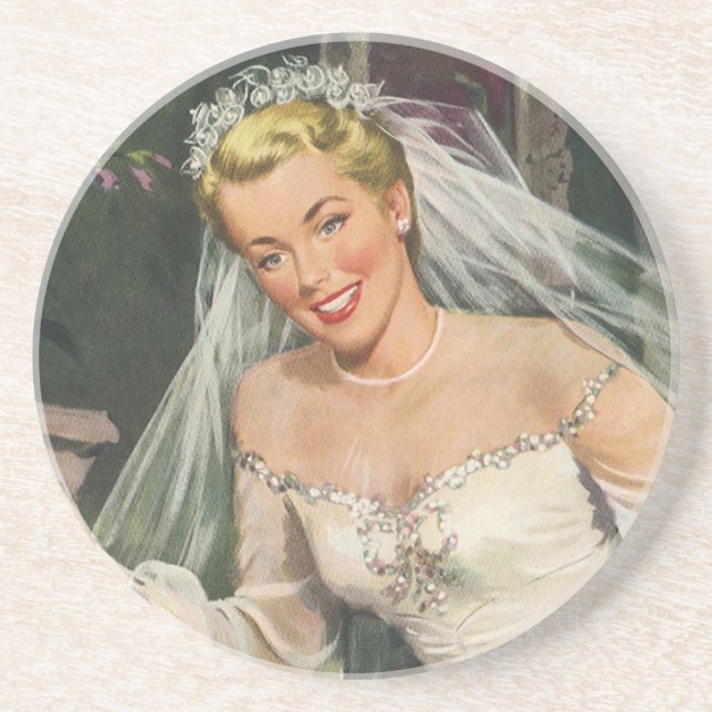 Vintage Wedding, Retro Bride with Flower Girl Coaster (Front)