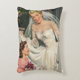 Vintage Wedding, Retro Bride with Flower Girl Decorative Cushion