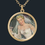 Vintage Wedding, Retro Bride with Flower Girl Gold Plated Necklace<br><div class="desc">Vintage illustration love and romance image featuring a flower girl with a happy,  smiling bride in her beautiful dress with ornate bows on her wedding day. It's time to go get married!</div>