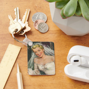 Vintage Wedding, Retro Bride with Flower Girl Key Ring