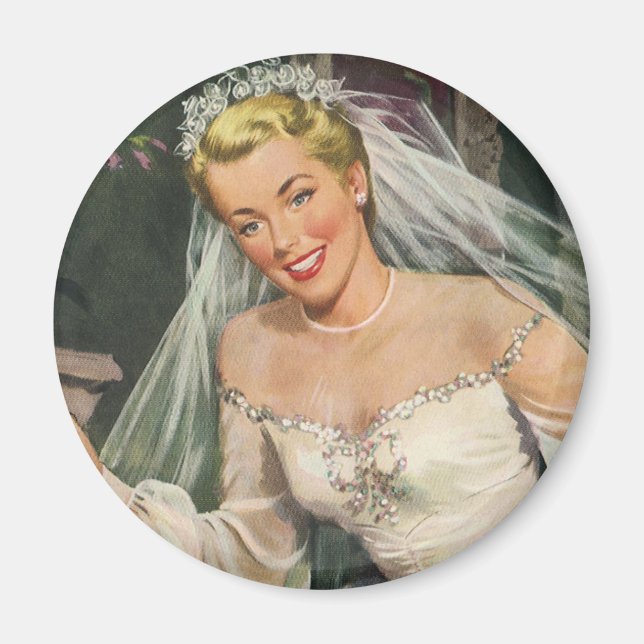 Vintage Wedding, Retro Bride with Flower Girl Magnet (Front)