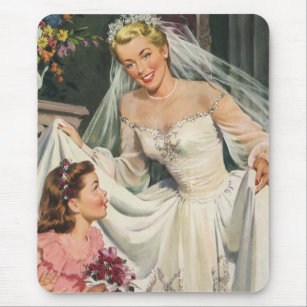 Vintage Wedding, Retro Bride with Flower Girl Mouse Mat