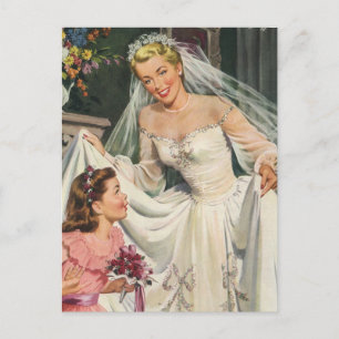 Vintage Wedding, Retro Bride with Flower Girl Postcard