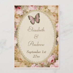 Vintage Wedding Roses Butterfly, Music Notes Invitation