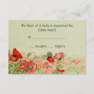 Vintage Wedding RSVP Response, Red Poppy Flowers