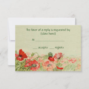 Vintage Wedding RSVP Response, Red Poppy Flowers Card