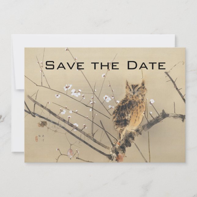 Vintage Wedding Save the Date, Japanese Owl Date (Front)