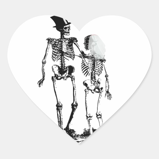 Vintage Wedding Skeleton Couple Heart Sticker (Front)