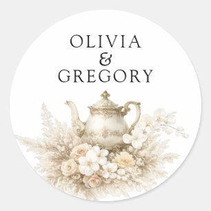 Vintage Wedding Sticker Teapot Floral Beige Editab