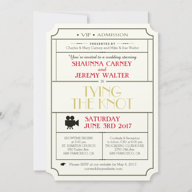 Vintage Wedding Ticket Invitation / Film Theme (Front)