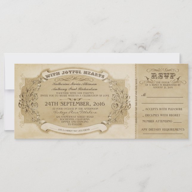 VINTAGE WEDDING TICKET INVITATION WITH RSVP (Front)