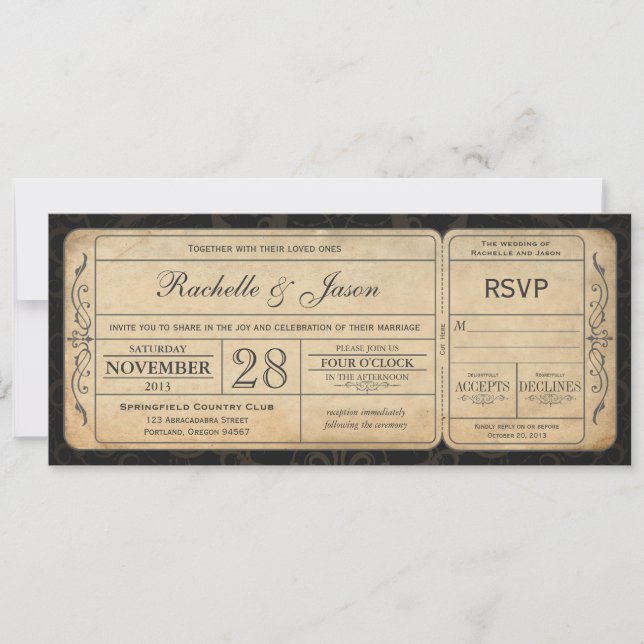 Vintage Wedding Ticket  Invitation with RSVP 2.0 (Front)