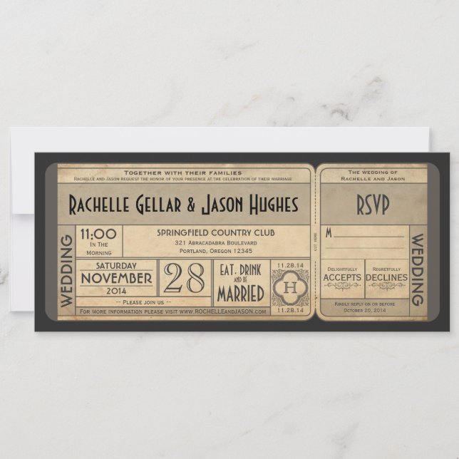 Vintage Wedding Ticket Invitation with RSVP II (Front)