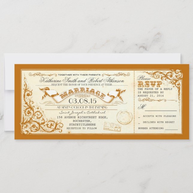 vintage wedding tickets & blue elegant flourishes invitation (Front)
