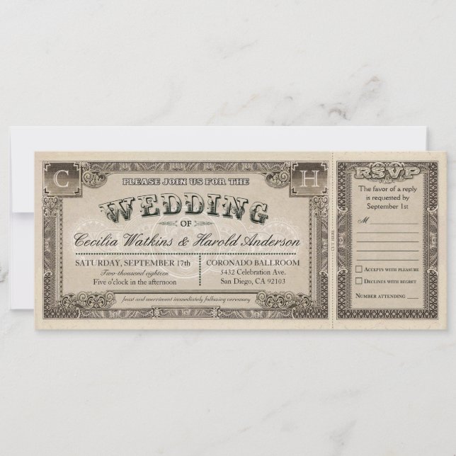 Vintage Wedding Tickets with RSVP Cards v.1 (Front)