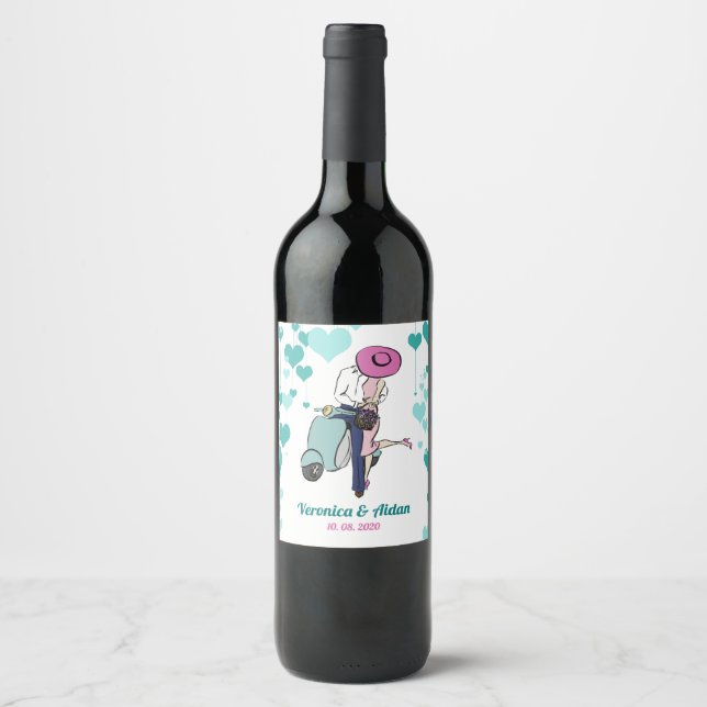 Vintage Wedding Vespa Couple Gift Wine Label (Front)