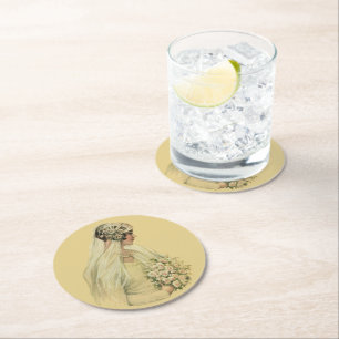 Vintage Wedding, Victorian Bride Bridal Portrait Round Paper Coaster