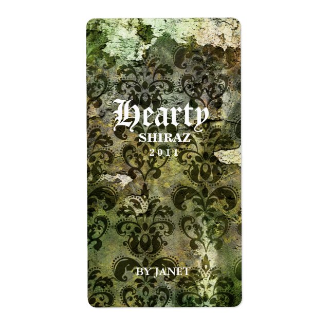 Vintage Wedding Wine Label Damask Green (Front)