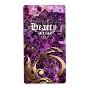 Vintage Wedding Wine Label Damask Purple Gold