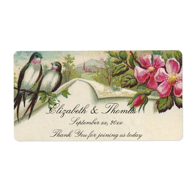 Vintage Wedding Wine Label Roses and Bluebirds (Front)