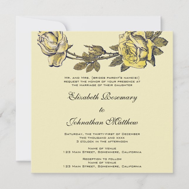Vintage Wedding, Yellow Antique Garden Rose Wreath Invitation (Front)