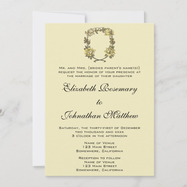 Vintage Wedding, Yellow Antique Garden Rose Wreath Invitation (Front)