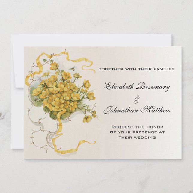 Vintage Wedding, Yellow Buttercup Flowers and Bees Invitation (Front)