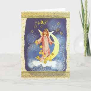 Vintage-Weihnachts-Engel mit Halbmond in blau Holiday Card