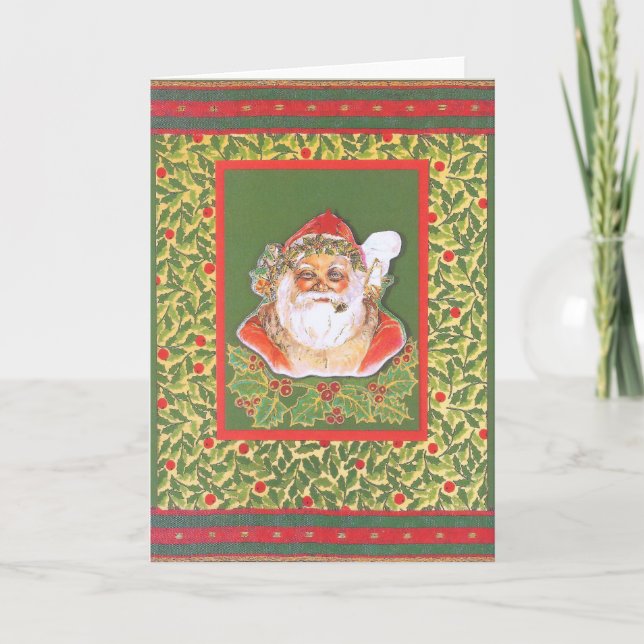 Vintage-Weihnachtsmann mit Ilex, rot-grün Holiday Card (Front)