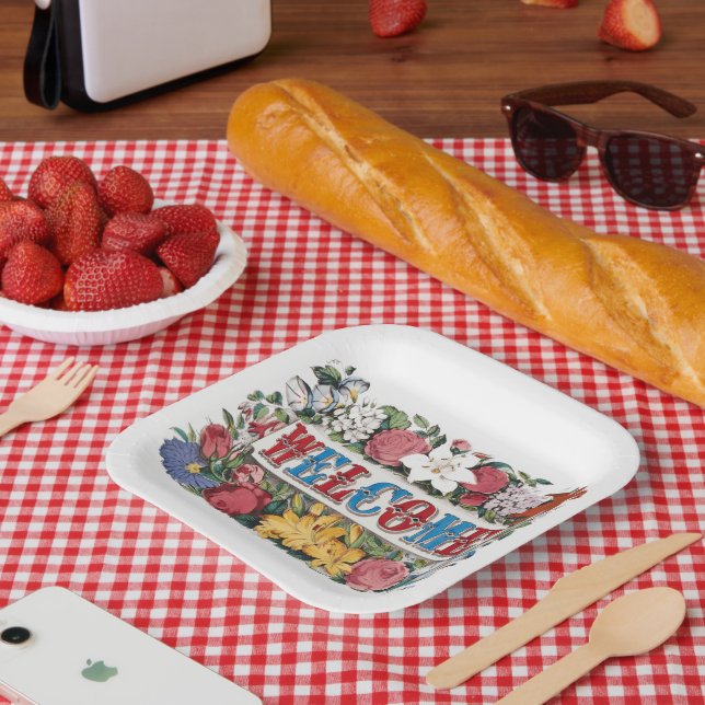 Vintage WELCOME Flowers Housewarming Party  Paper Plate (Picnic)