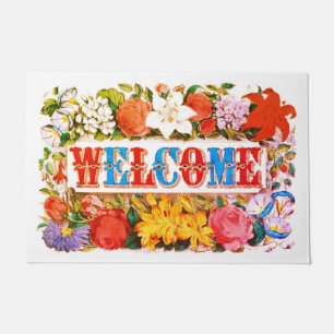 Vintage Welcome With Flowers Doormat