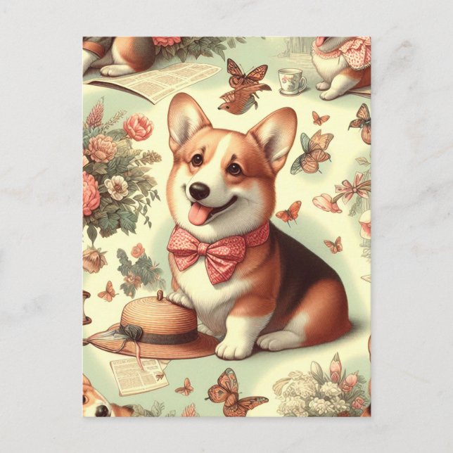Vintage Welsh Corgi Cardigan Illustration Postcard (Front)