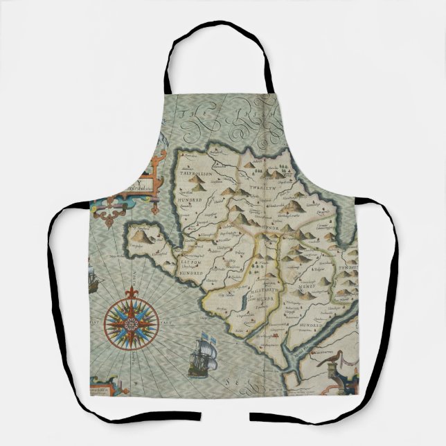 Vintage Welsh Island Map with Castle & Galleon Apron (Front)