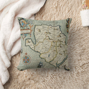 Vintage Welsh Island Map with Castle & Galleon Cushion