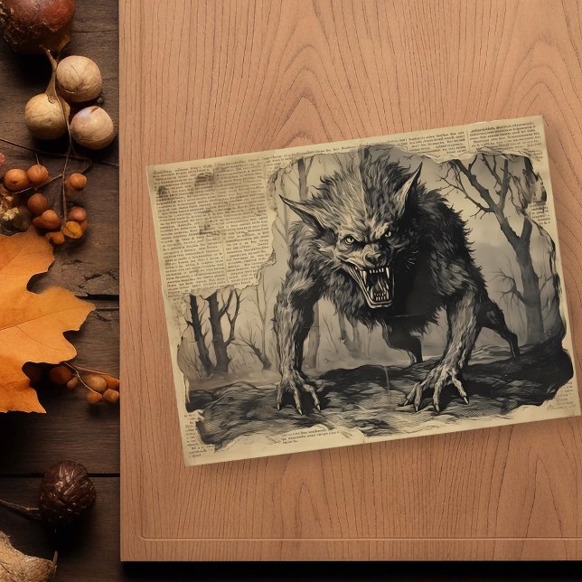 Vintage Werewolf Halloween Decoupage  Postcard (Creator Uploaded)