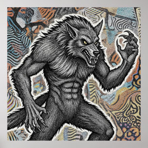 Vintage Werewolf Illustration Fierce Gothic Wolf Poster