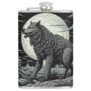 Vintage Werewolf in front of the Full Moon Hip Flask