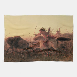 Vintage West, Indian Buffalo Hunt by Charles Wimar Tea Towel
