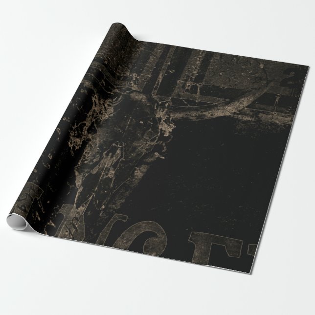 Vintage Western Bull Skull Black Distressed Wrapping Paper (Unrolled)