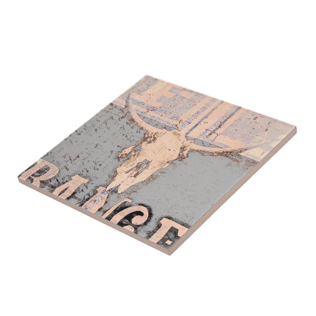 Vintage Western Bull Skull Grey Rustic Tile (Side)