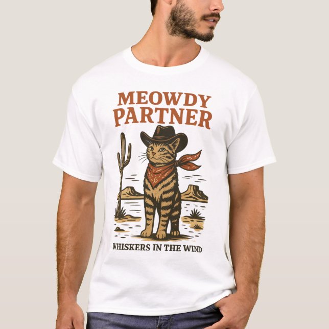 Vintage Western Cat Illustration – Meowdy Partner  T-Shirt (Front)