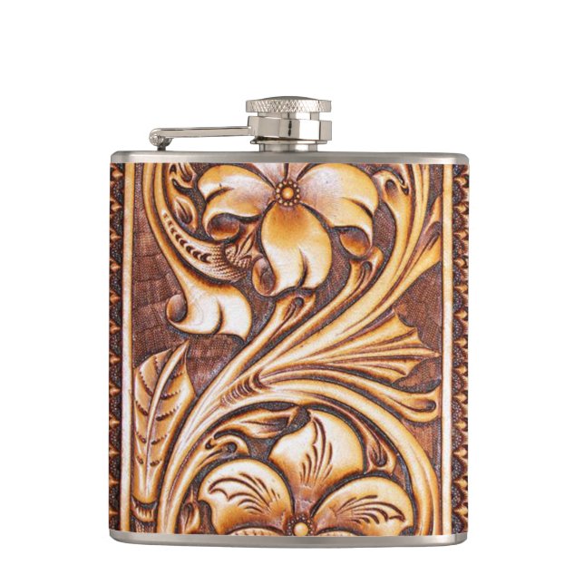 Vintage Western country cowboy tooled leather Hip Flask (Front)